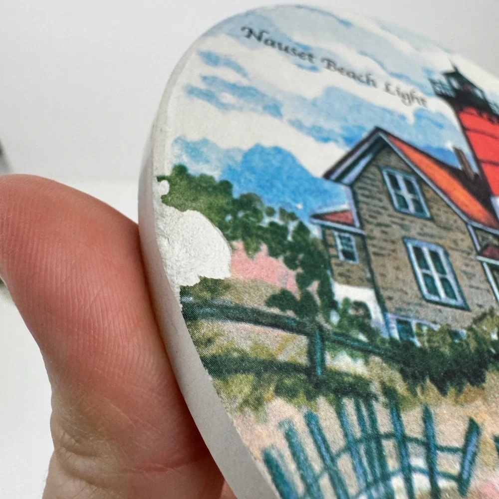 Donna Elias Art Nauset Beach Nobska Light House Round Coaster Stone Beach Theme
